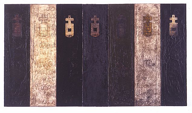 7 panels, oil, paper, found object on canvas